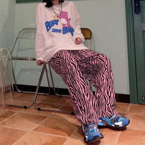 HOUZHOU Y2k Pink Wide Leg Pants Women Harajuku Zebra Pattern Hippie High Waist Baggy Pants Streetwear Casual Trousers Female