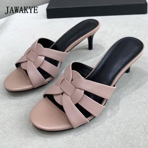 Classic Woven Thin High Heel Women Shoes Runway Matte Leather Open Toe Leisure Dress Mules Comfort Shallow Party Slides