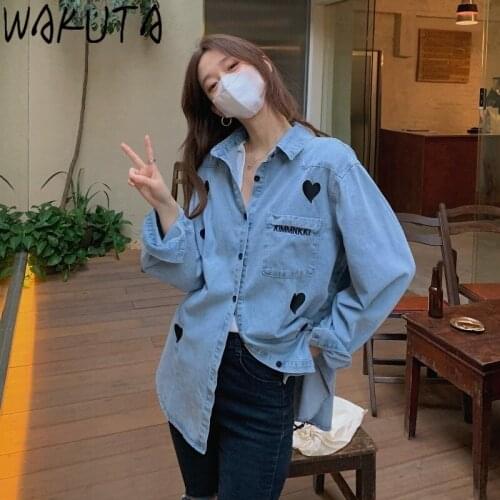 WAKUTA Heart Denim Shirts Women Korean 2021 New Spring Fall Casual Long Sleeve Turn Down Neck Female Fashion Jean Clothes Woman