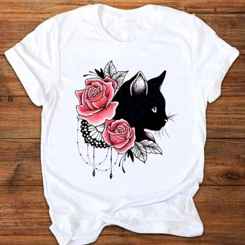 Women Graphic Cartoon Cat Animal Flower Fashion Printing 90s Style Print Clothes Lady Tees Tops Female T Shirt Womens T-Shirt