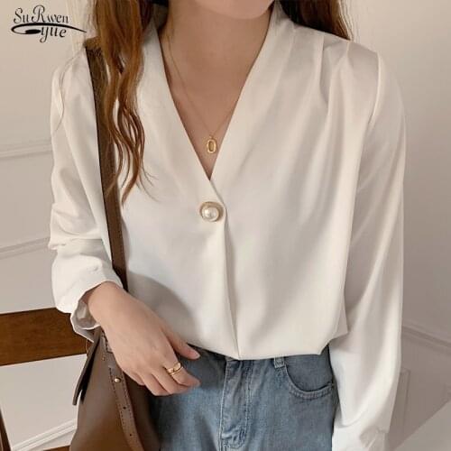 2021 V Neck Chiffon Women Shirts Office Lady White Long Sleeve Women Blouse and Tops Plus Size Loose Female Clothing 13168