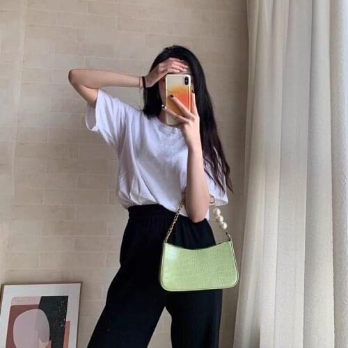 Vintage Crocodile Print Underarm Shoulder Bag Women Soft-Faced PU Irregular Pearl Chain Handbag Woman Simple Zipper Shoulder Bag