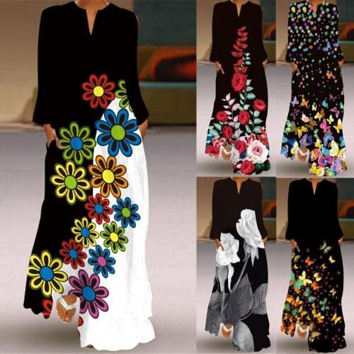 2021 Women Dress Boho Vintage Sundress Long Sleeve Floral Print V-neck Maxi Dress Summer Party Cami Dress with Pocket ropa mujer