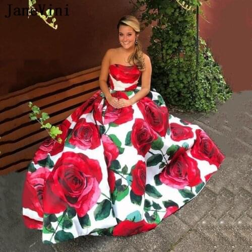 JaneVini 2020 Red Rose Floral Long Prom Dresses Modest Printed Evening Dress Strapless Sleeveless Satin Ladies Formal Party Gown