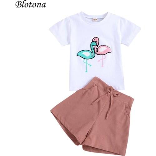 Blotona 2Pcs Baby Girl Summer Outfits, Grus Japonensis Pattern Short Sleeve T-shirt +Solid Color Shorts with Drawstring 1-6Years