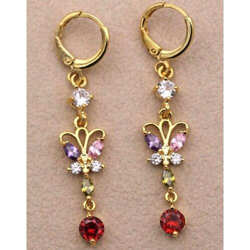 Bohemian Earrings for Women Gold Filled Butterfly Earring with Red Pink Rainbow Waterdrop Zircons Long Boho Drop Earrings