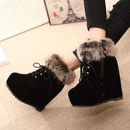 BONJOMARISA Hot Sale Ladies Boots Solid Zipper Cross Tied Platform Boots Women Wedges Thick Fur Comfy Winter Shoes Woman