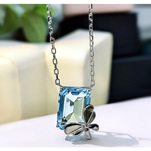 Solid 925 Sterling Silver Created Citrine Aqumarine Simple Butterfly Pendant Necklace for Women Party Fine Jewelry Gifts