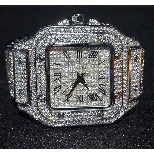 Hip Hop MISSFOX Square Watches for Men Luxury Hiphop Full Iced Out Watches Sliver Diamond AAA Quartz Wristwatch Gifts Men Watch