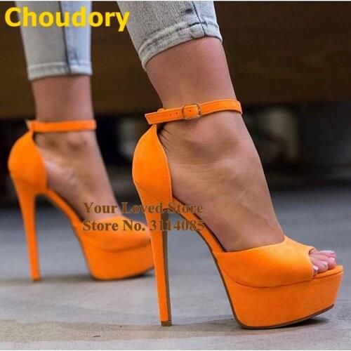 Choudory Orange Suede Platform Sandals Neon Yellow Green Stiletto Heels Summer Shoes Open Toe Buckle Strap Dress Pumps Dropship