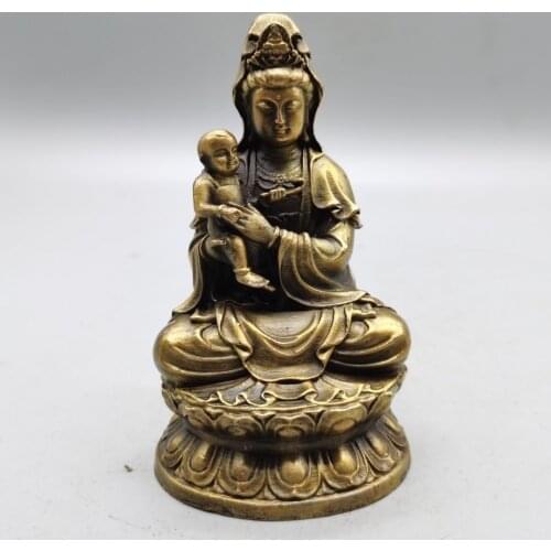 Chinese Guanyin Buddha Statue Home Decoration Retro Copper Buddhism Ornaments Decor Desktop Figurines Miniatures Brass Crafts