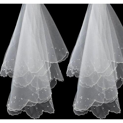Women Pearl Bridal Veils Wedding Dress Veil Layers Tulle Ribbon Edge Wedding Accessories Wedding Decoration