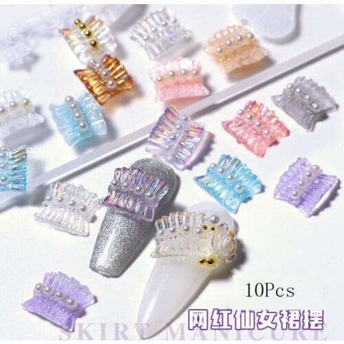 Hot 10Pcs Aurora Skirts Nail Decor Accessory With Pearl Dress Charms 9x7.5mm 6 Colors Sweet Peplum Kilts Polish Manicure DIY