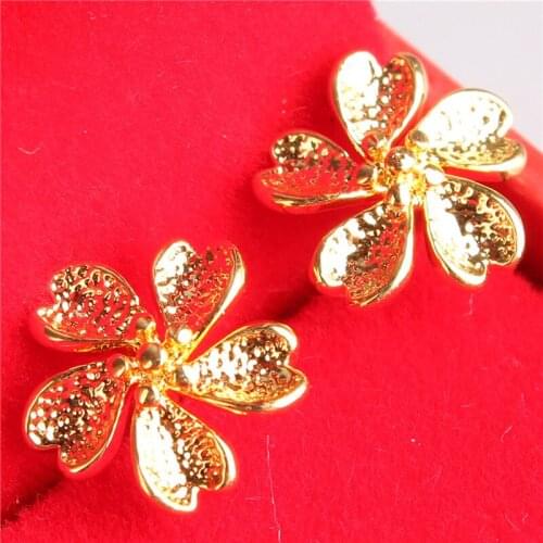 Classic 24K Yellow Gold Stud Earrings ForLadies African Flower Shape Earing Femme Wedding Jewelry Women Earrings Accessories
