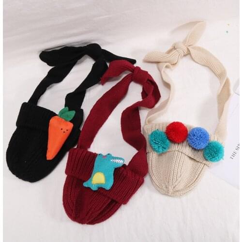 Cute Winter Crossbody Bags For Girl Knitting Handbags Carrot Ball Dinosaur Shopping Shoulder Bags Children Coin Purse Wallet
