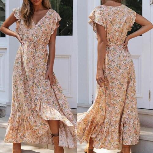 Fashion Boho Women Dress Ruffle Floral Print Ladies Long Dress Bohemia V Neck Short Sleeves Irregular Hem Maxi Dress Streetwear
