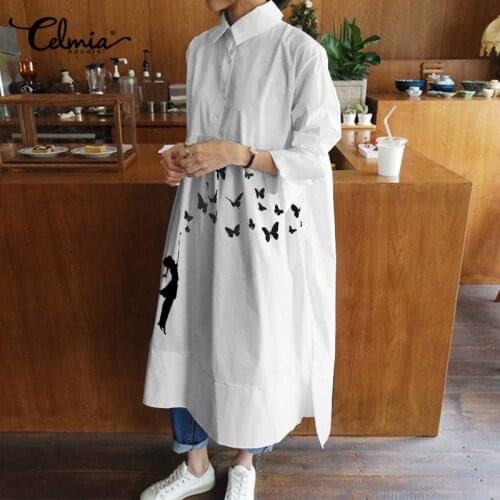 Autumn Dress Celmia Women Vintage Butterfly Print Shirt Midi Dress 2021 Long Sleeve Lapel Asymmetrical Casual Loose Vestidos