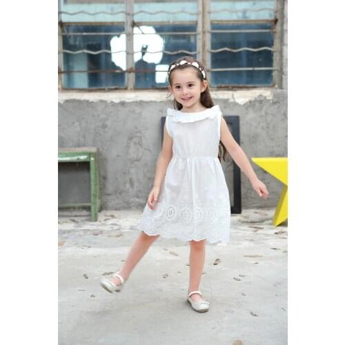 Spring and summer girls dress big V-neck open back cotton embroidery lace hollow bow pure white female baby fashion wave