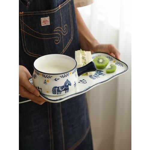Ins popular ceramic breakfast bowl dish sets cute small horse under glazed printed suitable for microwave oven Europe style
