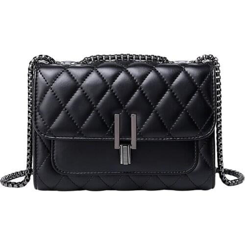 Womens Shoulder Bag Soft Leather Sqare Diamond Chain Shoulder Bag Woman 2021 New Casual Black Ladies Flip Cover Messenger Bags