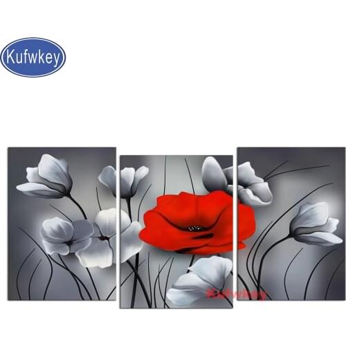 Gray Red Poppies Diamond Embroidery Triptych 5D Diy Diamond mosaic cross stitch 3Pcs Diamond Painting full square/Round wall art