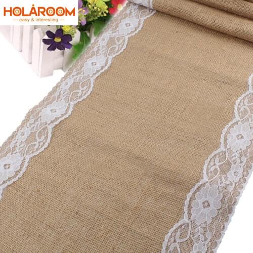 Holaroom Vintage Retro Burlap Linen Jute Event Party Supplies Wedding Christmas Table Cloth Tablecloth White Lace Table Runner