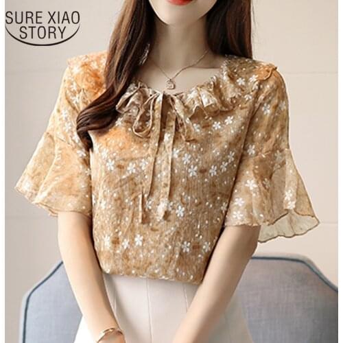 Fashion 2019 womens tops and blouses plus size Ruffled floral chiffon blouse women five-point sleeve shirts blouse women 2794 50