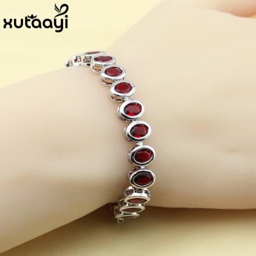 Fashion Jewelry Red Created Garnet Sterling Silver colorOverlay Bracelet For Women Adjustable Link Chain Bracelet Length 18+2 cm
