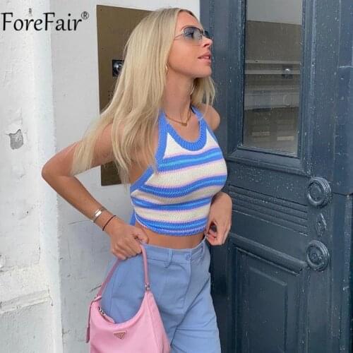 Forefair Summer Sexy Knit Y2k Crop Top Halter Neck Bandage Backless Off Shoulder O Neck Print Women Blue Beach Tops Tank Fashion