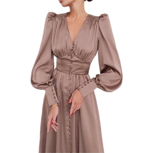 2021 Women V-Neck High Waist Button Apparel Solid Vintage Long Chic Dresses Elegant Spring Satin Bishop Sleeve A-Line Trappings
