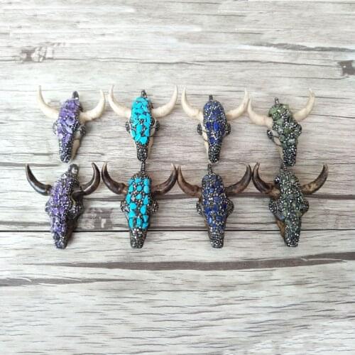 5 PCS Pave Rhinestone crystal and stone horn cattle Tau Pendant,Longhorn bull oxhead Pendant for DIY jewelry necklace PD928