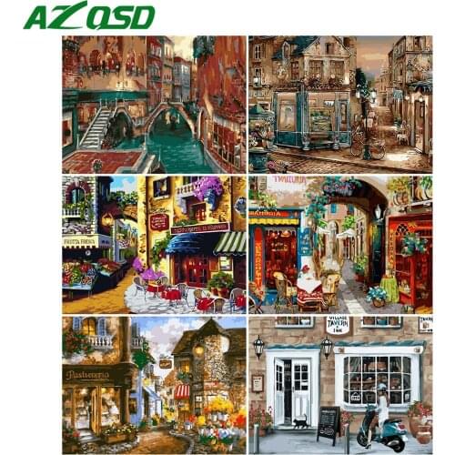 AZQSD Oil Painting By Numbers Town Drawing On Canvas Home Decor Paint By Number Scenery Canvas Painting Kits Unique Gift