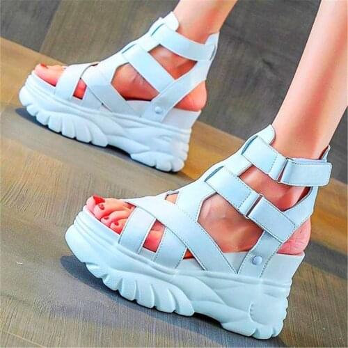 Punk Goth Gladiators Women Cow Leather Platform Wedge High Heel Gladiator Sandals Summer Ankle Boots Punk Goth 34 35 36 37 38 39