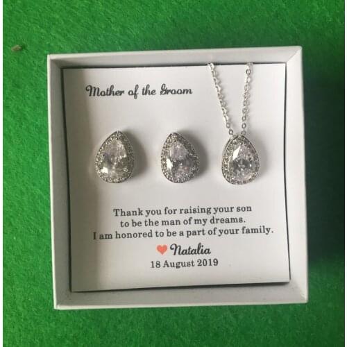 Personalize silver NAME TEXT wedding Bridesmaid teardrop CZ Earrings necklace sets Jewelry Sets maid of honor proposal gifts