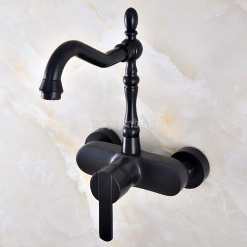 Black Oil Rubbed Bronze Wall Mounted Bathroom Basin Faucet / 360 Swivel Spout Kitchen Sink Mixer Taps tnf840