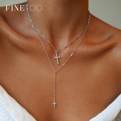 Double Layered Religious Cross Pendant Necklace Choker for Women Minimalist Lariat Necklace Christian Catholic Jewelry Gifts