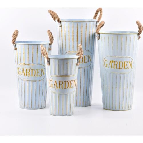 Jute Rope Vintage Plant Flower Bucket Metal Balcony Desk Flower Potting Holder Craft Natural Planter Decor