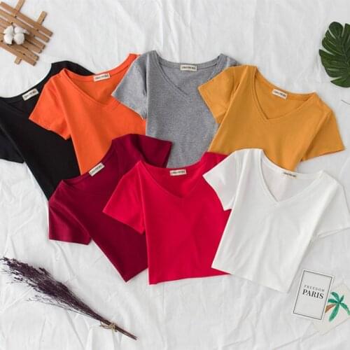 Cotton V Neck Solid Color Female T Shirt Casual Top High Waist Tee Slim Basic Crop Top Summer Streetwear White Women Tshirt
