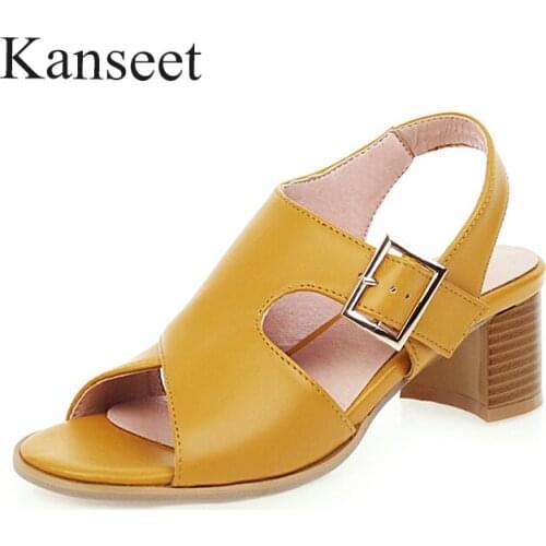 Kanseet Women Shoes Summer Sandals Buckle Party Shoes Thick High Heels Fashion Open-Toed Sandals Lady Yellow Large Size 34-43
