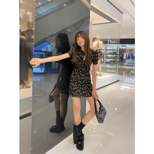 Summer womens dress 2021 National style cheongsam improved version retro Hepburn Style Black Floral short dress design