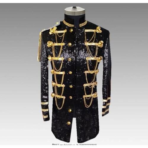 Mens Sequins personality long Blazer A military uniform Fashion Punk Nightclub Bar DJ Singers Suit Jacket Costumes Trench coat