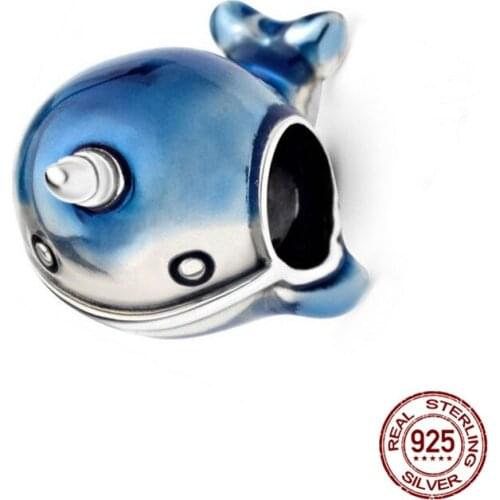 Genuine 925 Sterling Silver Narwhal Swimming Fish Fit Original 3mm Bracelet&Bangle Making Fashion DIY Jewelry For Women