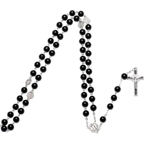 Black Glass Christ Jesus Cross Religious Necklace Catholic Rosary Necklace Church Souvenirs Prayer Pendant Necklace
