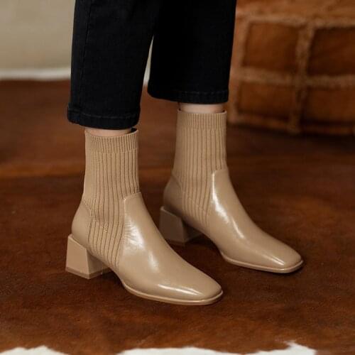 Phoentin Brown Chelsea Boots Mid heel Square Toe Women ankle booties fashion shoes 2020 Autumn Winter short Sock Boot FT1233