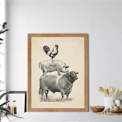 Retro Poster French Country Prints Poster Farmhouse Retro Wall Art Farm Poultry Cow Pig Painting Vintage Wall Pictures
