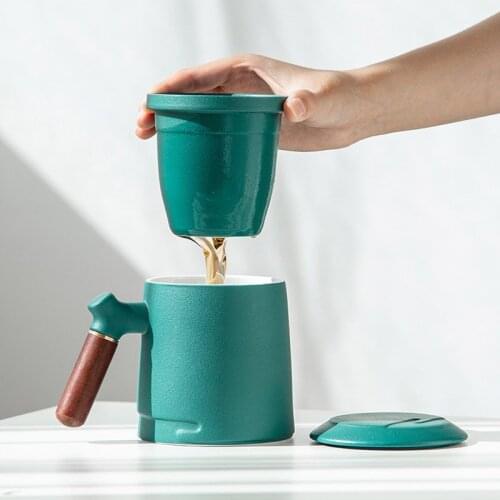 Luxury Tea Cup with Infuser Tumbler Rust Glaze Office Filter Water Ceramic Mug with Cover Wooden Handle Cups Gift Drinkware Set