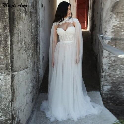 Magic Awn Unique Boho Wedding Dresses 2021 Lace Appliques Sweetheart Princess Bridal Gowns With Wrap A-Line Vestidos Boda