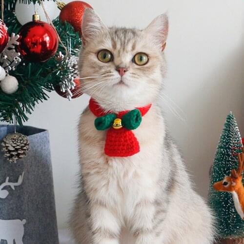 Sweet Chritmas Bell Collar for Cats Red Dog Necklace Knited Pet Scarf Cute Kitten Accessories Puppy Decoration for 2021 New Year