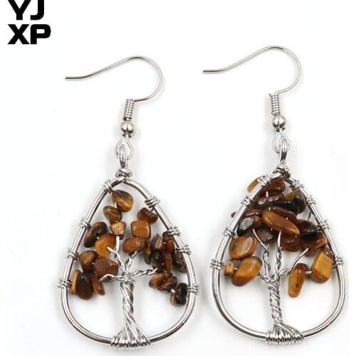 YJXP Silver Plated Wire Wrap Tree of Life Water Drop Tiger Eye Stone Dangle Earrings Trendy Jewelry