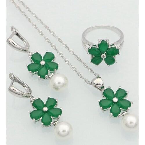 925 Sterling Silver Jewelry Green Created Emerald White Pearls Jewelry Sets For Women Anniversary Earrings/Pendant/Necklace/Ring